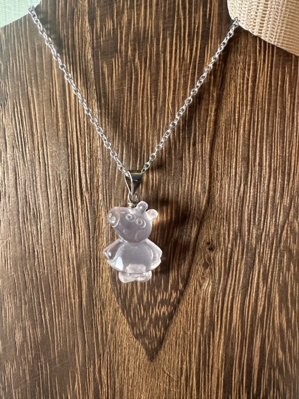 Light Pink Rose Quartz Peppa Pig Pendant Necklace, Sterling Silver Bail - Picture 2 of 10